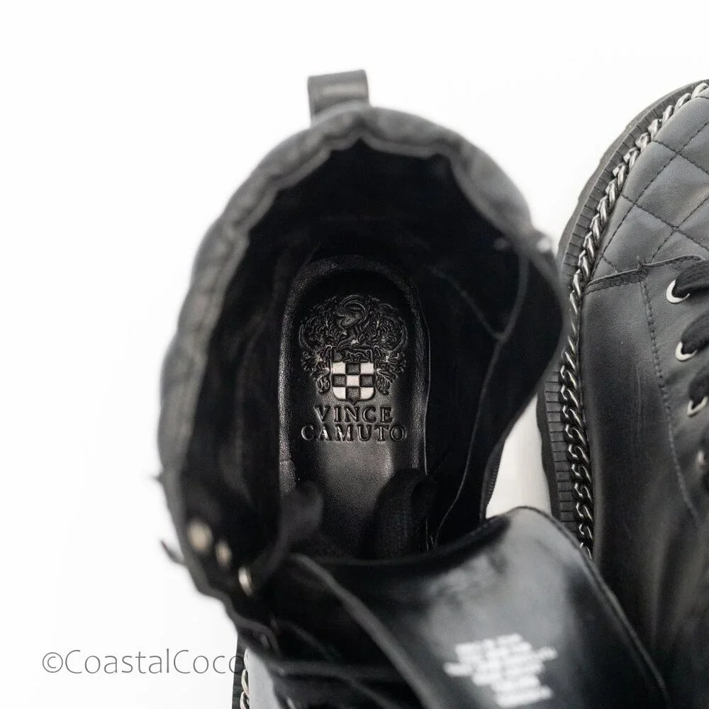 Vince Camuto Merindil Leather Combat Boots 8.5 Black Quilted Metal Chain Chunky - Picture 11 of 13